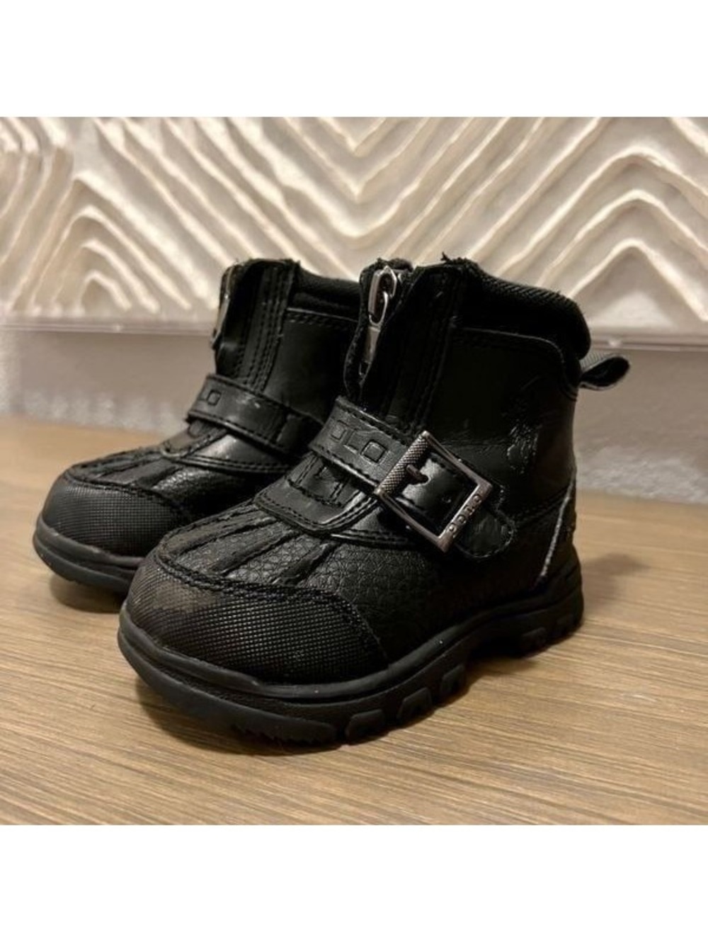 Vintage 90s Polo Ralph Lauren Duck Boots Zip Hook Loop Black Leather Toddler 5